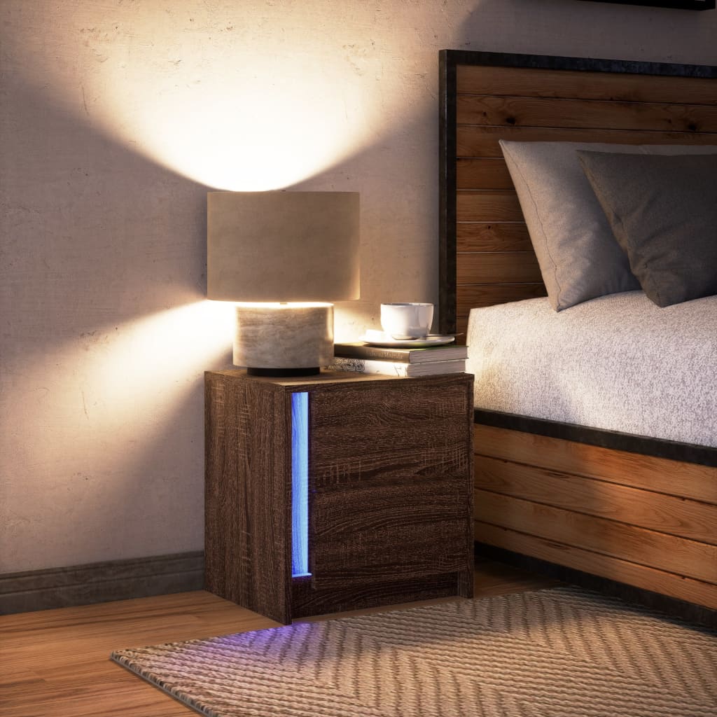LED Bedside Cabinet in Brown Oak Engineered Wood