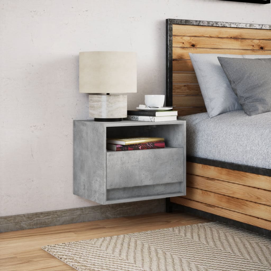 Concrete Grey Wall-Mounted Bedside Cabinet with LED Lights
