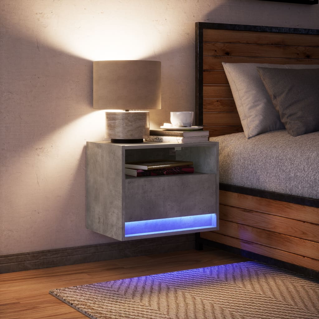 Concrete Grey Wall-Mounted Bedside Cabinet with LED Lights