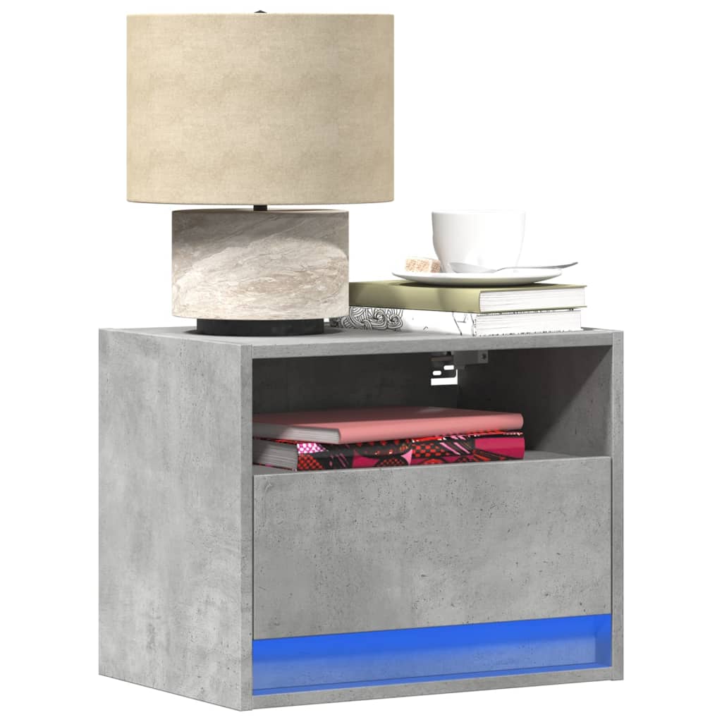 Concrete Grey Wall-Mounted Bedside Cabinet with LED Lights