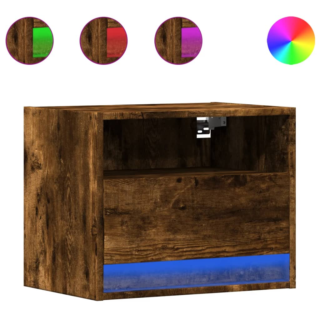 Smoked Oak LED Wall-Mounted Bedside Cabinets - Set of 2