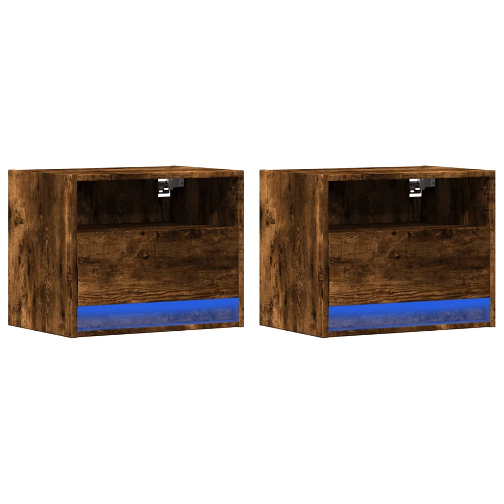 Smoked Oak LED Wall-Mounted Bedside Cabinets - Set of 2