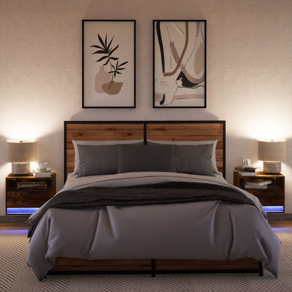 Smoked Oak LED Wall-Mounted Bedside Cabinets - Set of 2