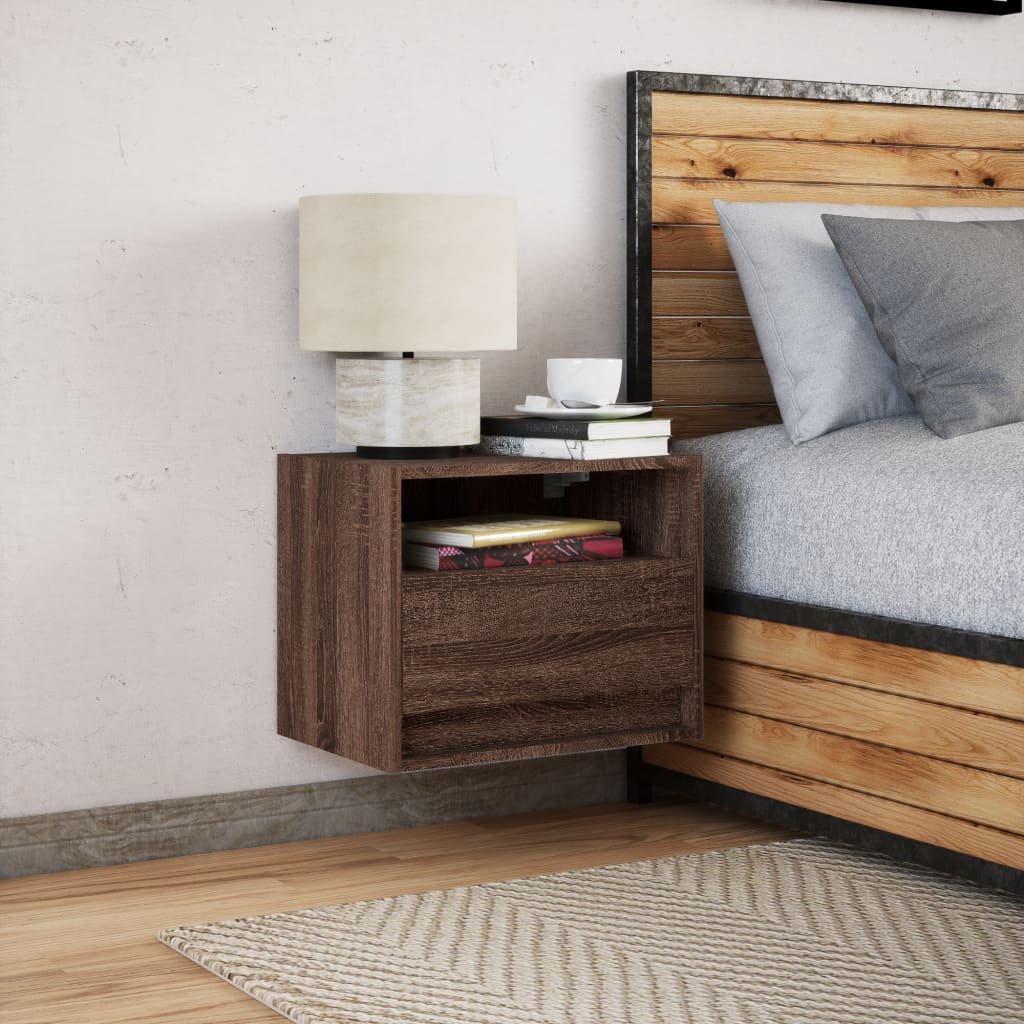 Wall-Mounted Bedside Cabinet Brown Oak with LED Lights