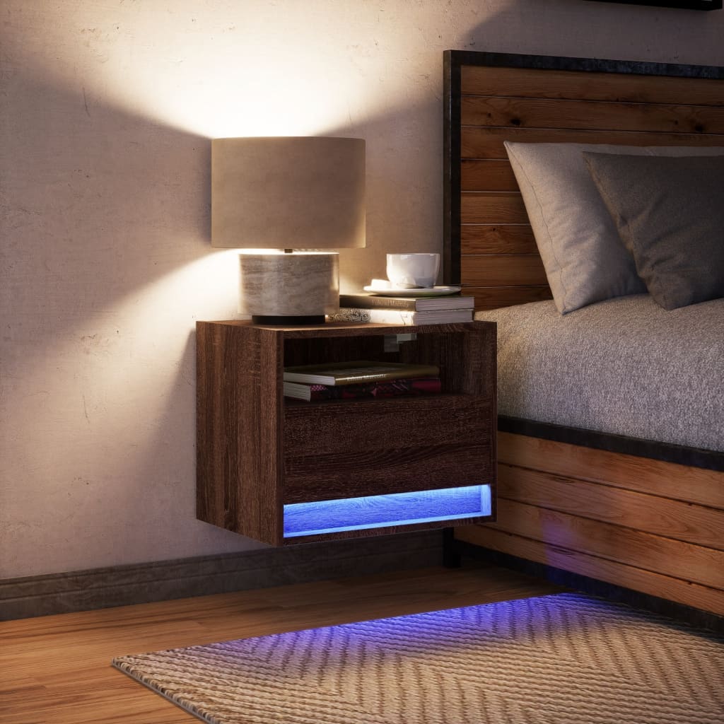Wall-Mounted Bedside Cabinet Brown Oak with LED Lights