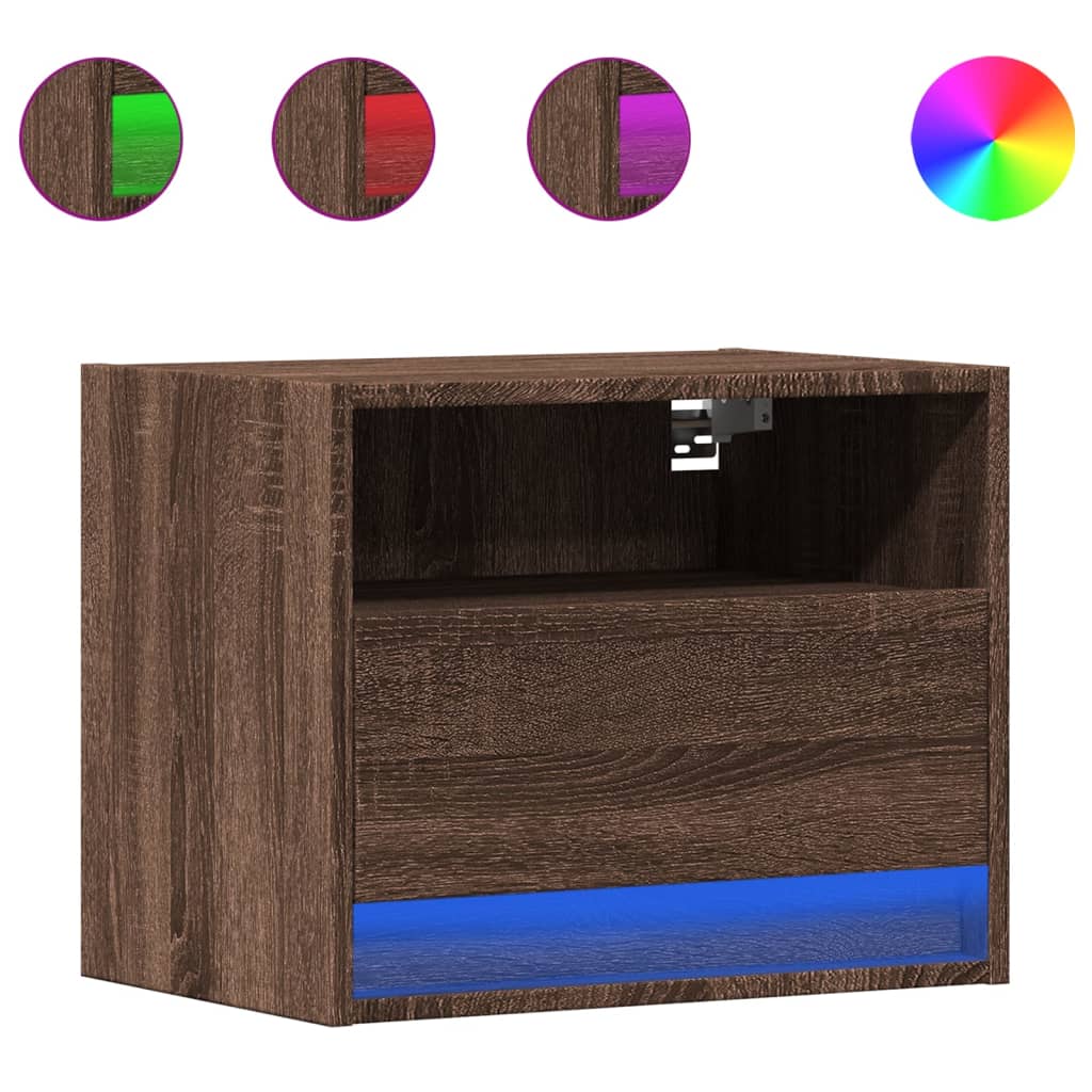 LED Wall-Mounted Bedside Cabinets, Brown Oak, 2 pcs