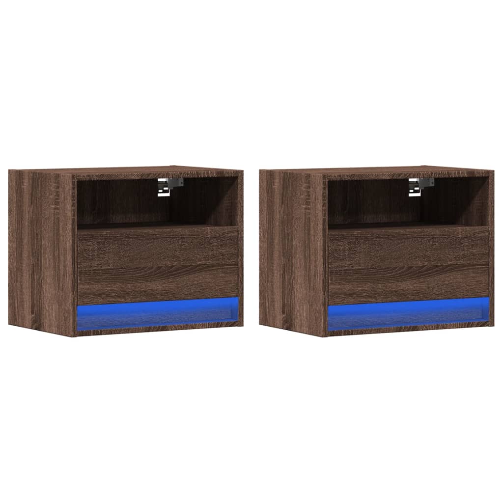LED Wall-Mounted Bedside Cabinets, Brown Oak, 2 pcs