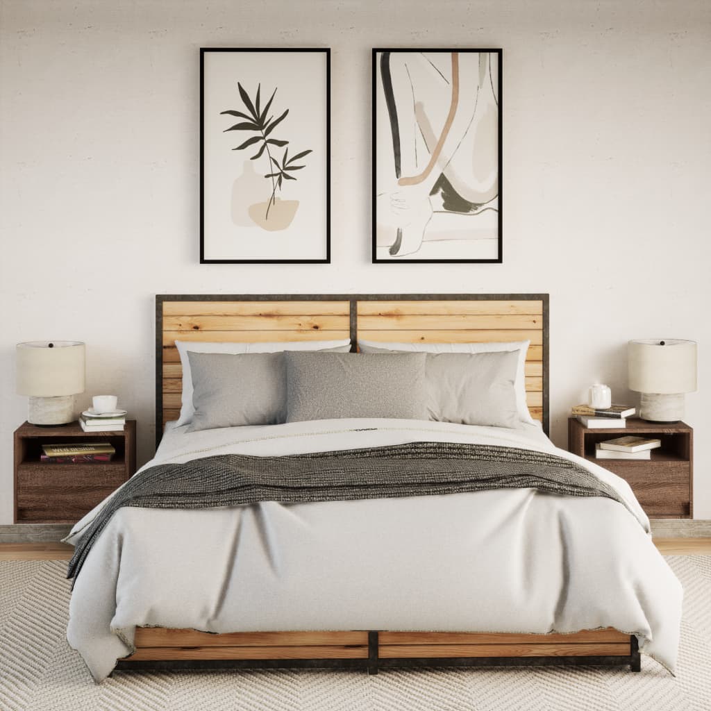 LED Wall-Mounted Bedside Cabinets, Brown Oak, 2 pcs