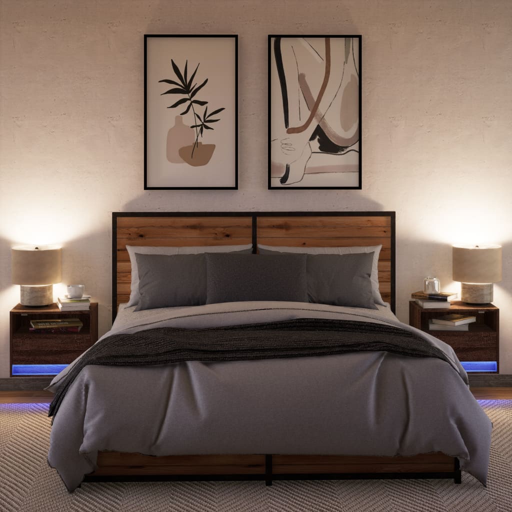 LED Wall-Mounted Bedside Cabinets, Brown Oak, 2 pcs
