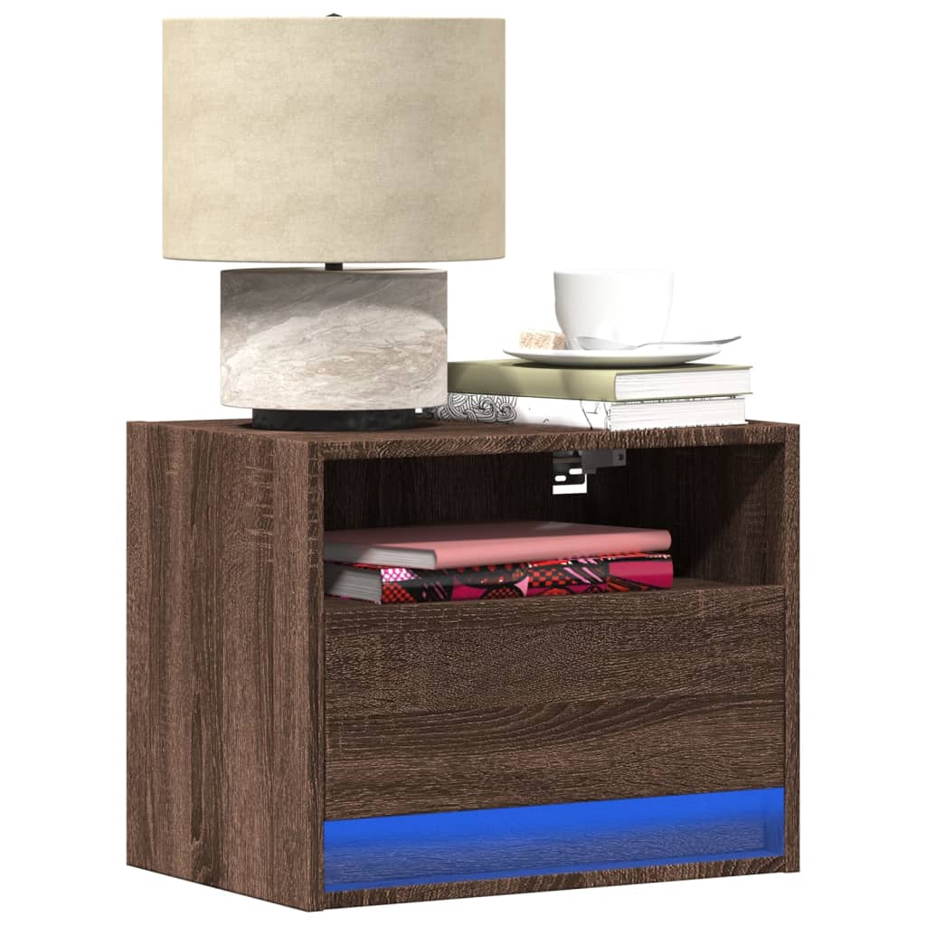 LED Wall-Mounted Bedside Cabinets, Brown Oak, 2 pcs