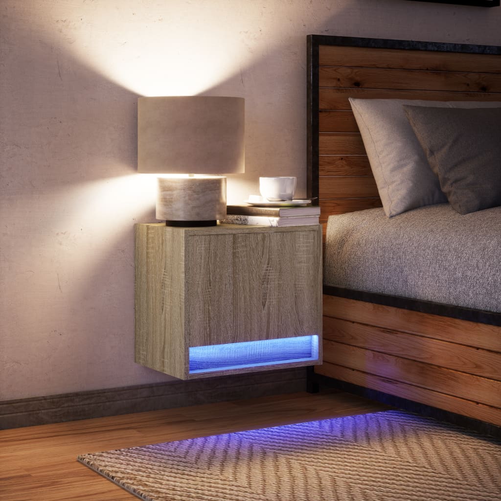 Sonoma Oak Wall-Mounted Bedside Cabinet with LED Lights