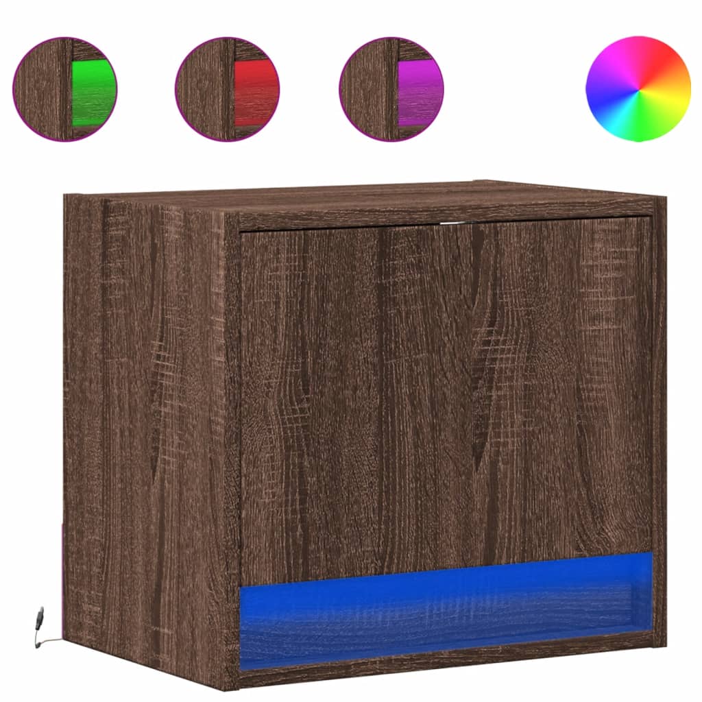 Brown Oak Wall-Mounted Bedside Cabinet with LED Lights