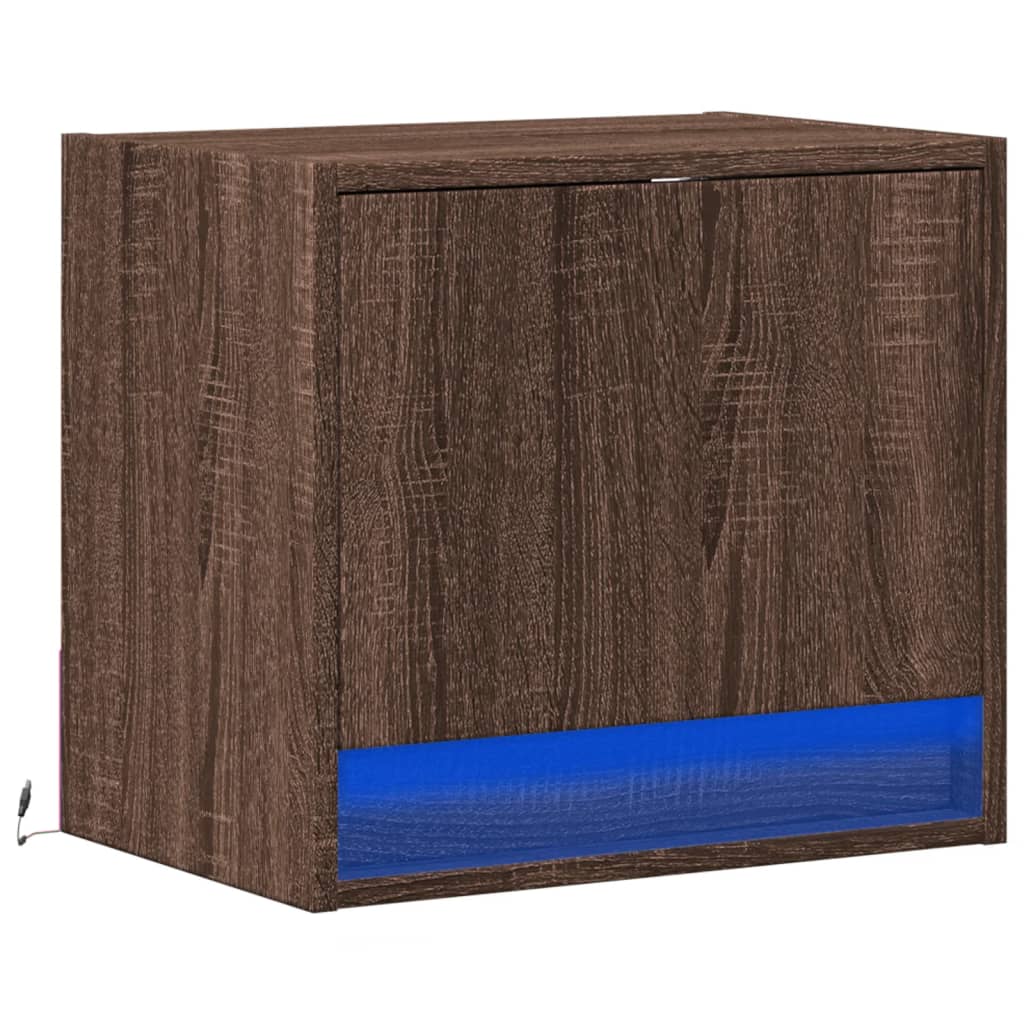 Brown Oak Wall-Mounted Bedside Cabinet with LED Lights