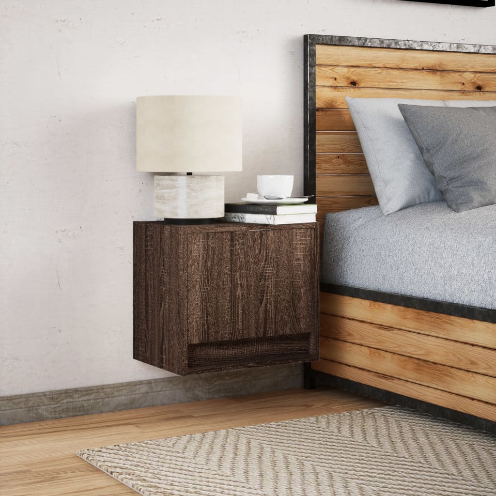 Brown Oak Wall-Mounted Bedside Cabinet with LED Lights