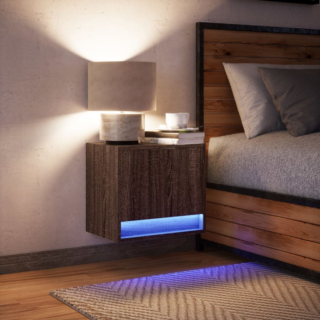 Brown Oak Wall-Mounted Bedside Cabinet with LED Lights