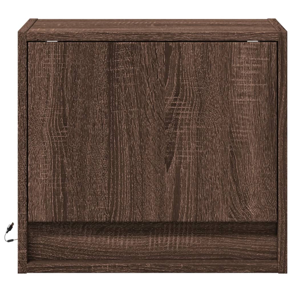 Brown Oak Wall-Mounted Bedside Cabinet with LED Lights