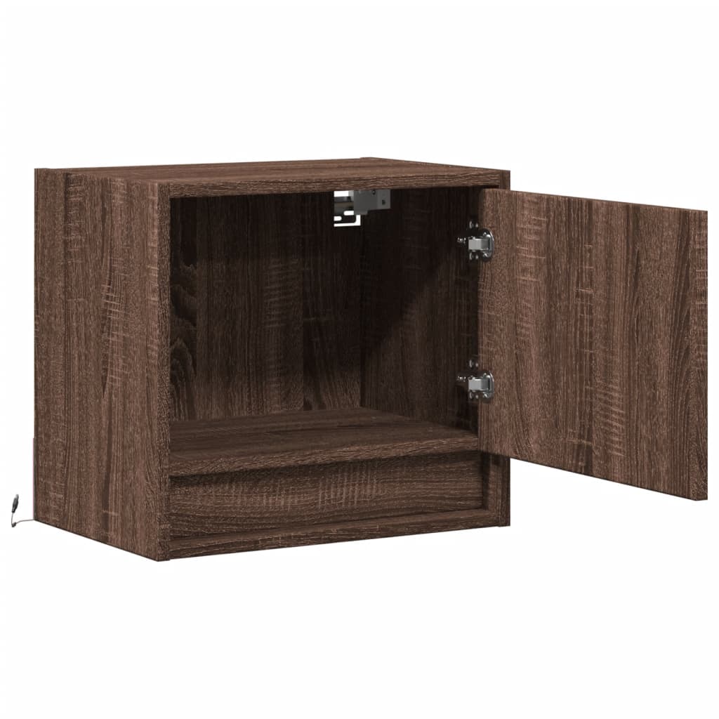 Brown Oak Wall-Mounted Bedside Cabinet with LED Lights