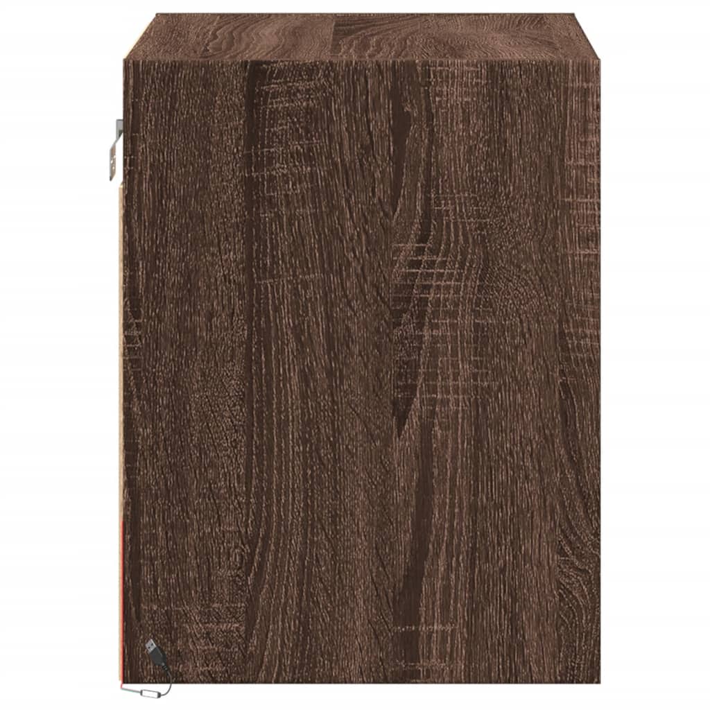 Brown Oak Wall-Mounted Bedside Cabinet with LED Lights