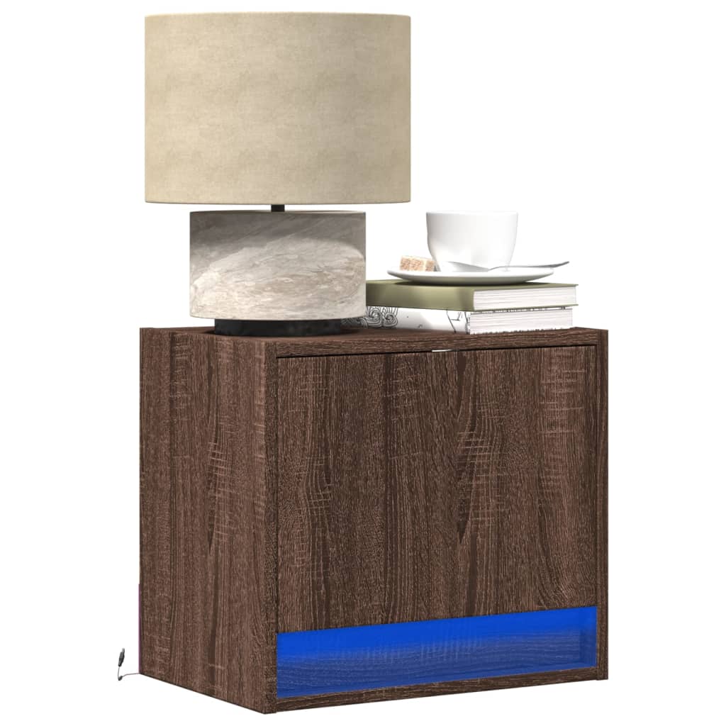 Brown Oak Wall-Mounted Bedside Cabinet with LED Lights