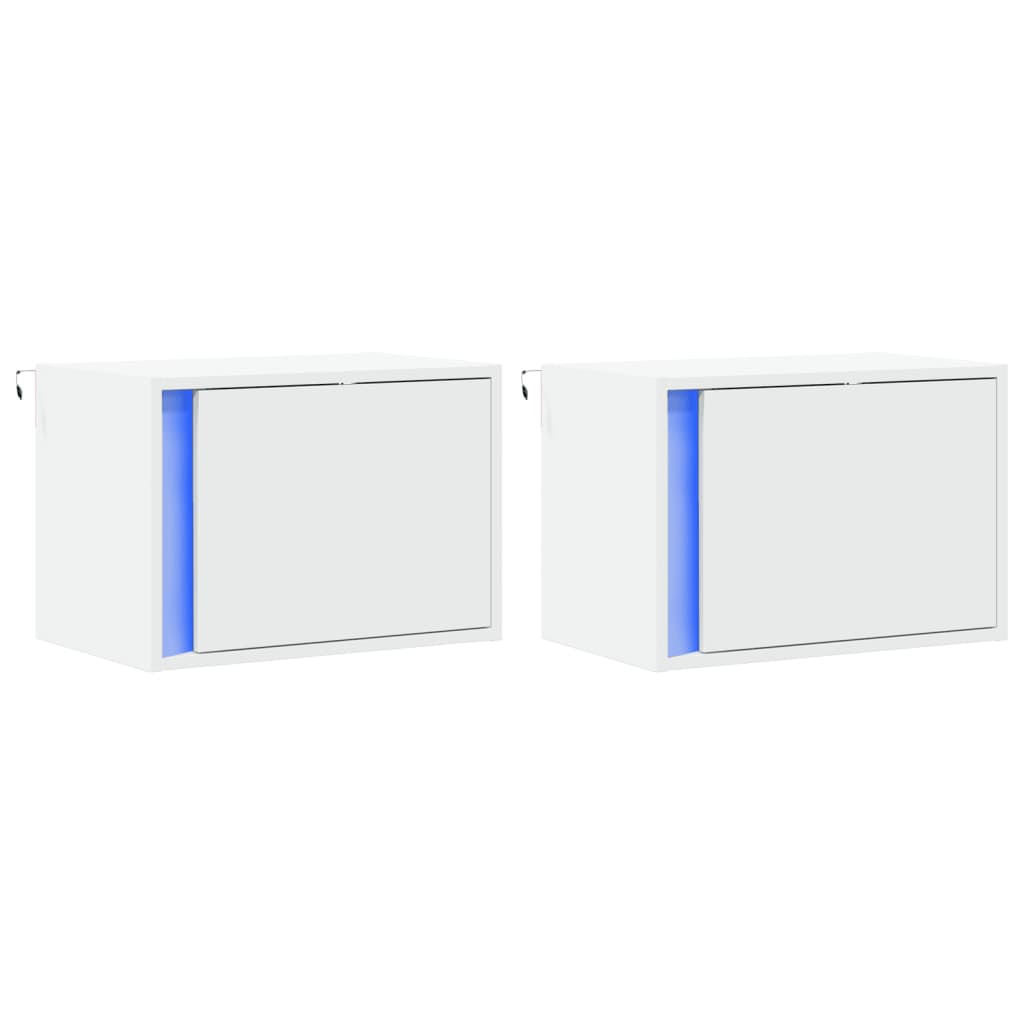 White Wall-Mounted Bedside Cabinets with LED Lights, 2-Pack
