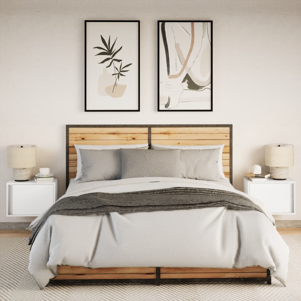 White Wall-Mounted Bedside Cabinets with LED Lights, 2-Pack