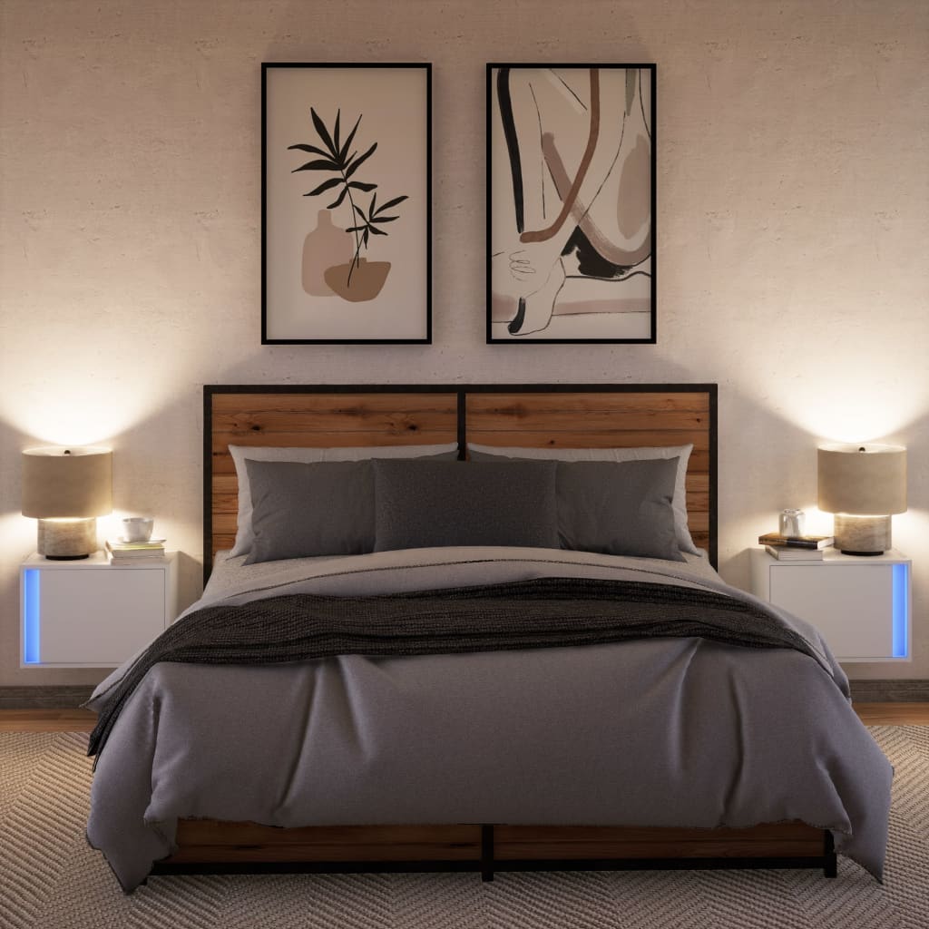 White Wall-Mounted Bedside Cabinets with LED Lights, 2-Pack