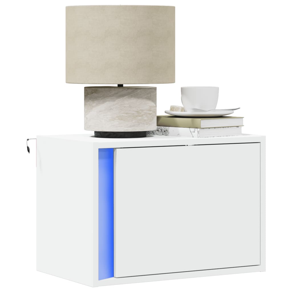White Wall-Mounted Bedside Cabinets with LED Lights, 2-Pack