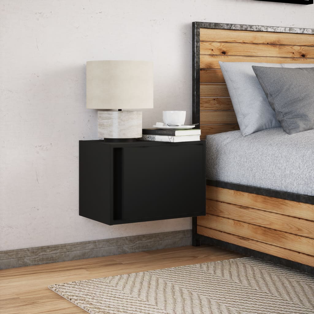 Black Wall-Mounted Bedside Cabinet with LED Lights - Modern Design