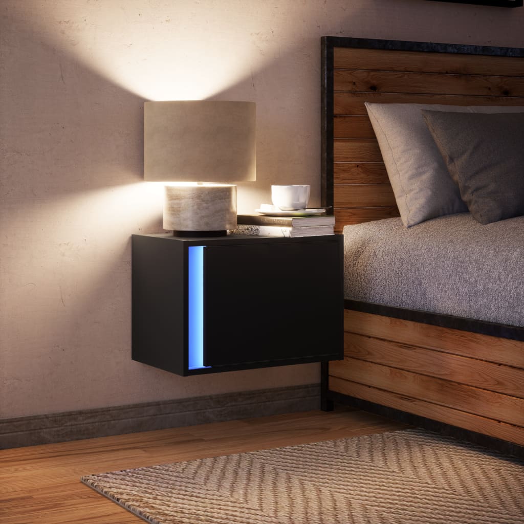 Black Wall-Mounted Bedside Cabinet with LED Lights - Modern Design