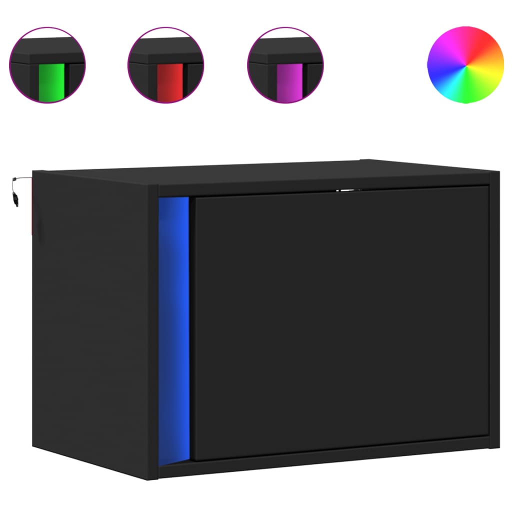 2 Black Wall-Mounted Bedside Cabinets with LED Lights - Modern Design
