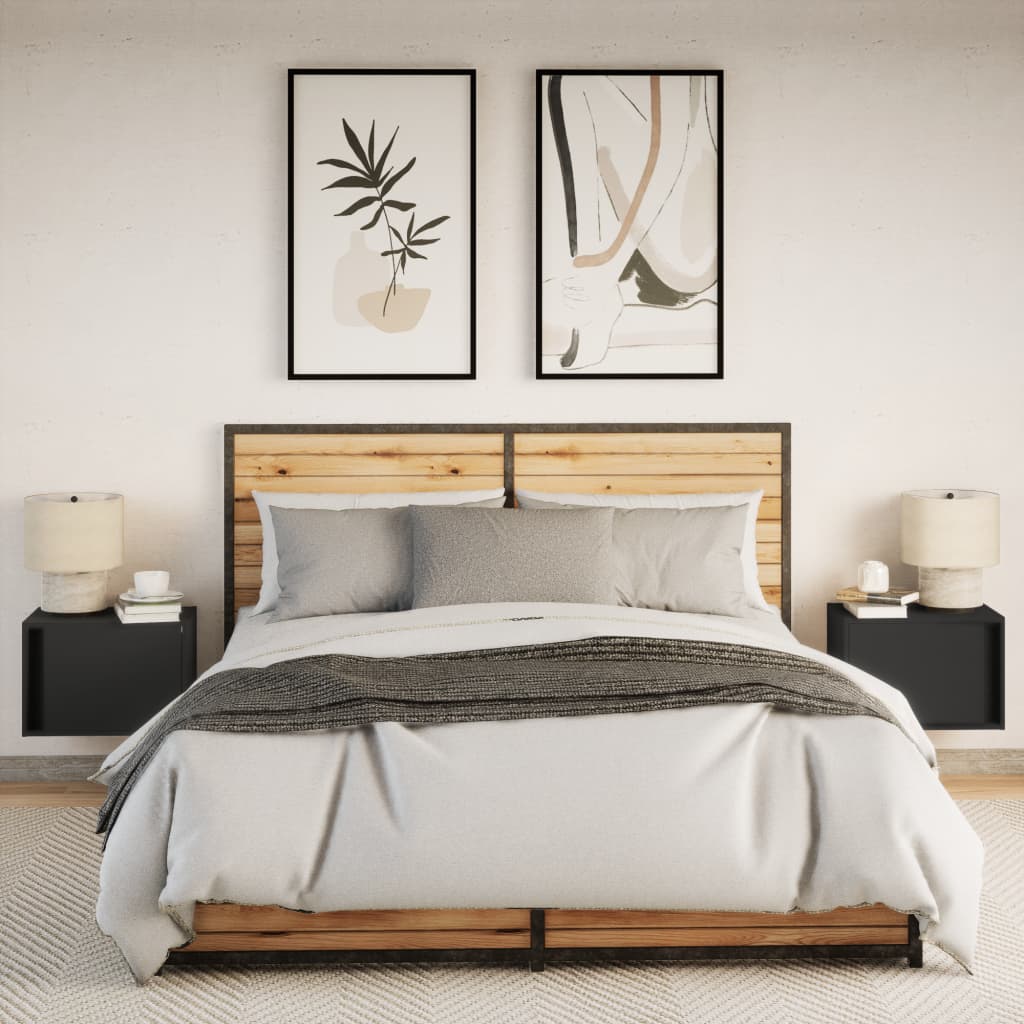 2 Black Wall-Mounted Bedside Cabinets with LED Lights - Modern Design