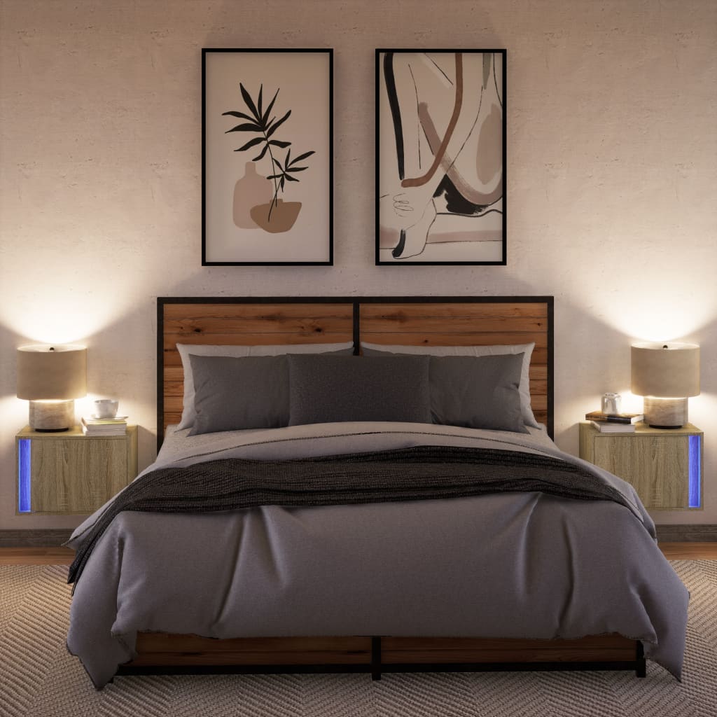 Sonoma Oak Wall-Mounted Bedside Cabinets 2 pcs with LED Lights