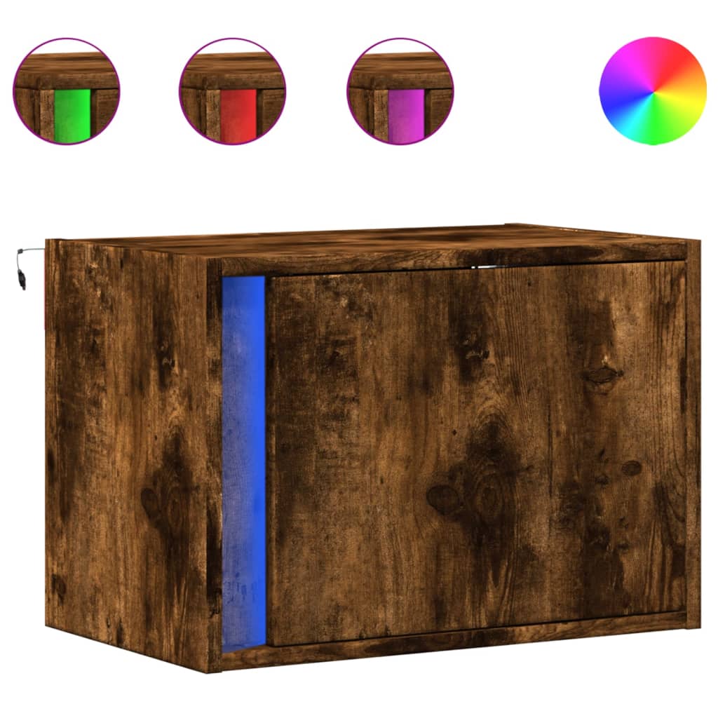 Smoked Oak Wall-Mounted Bedside Cabinets with LED Lights, 2 Pcs