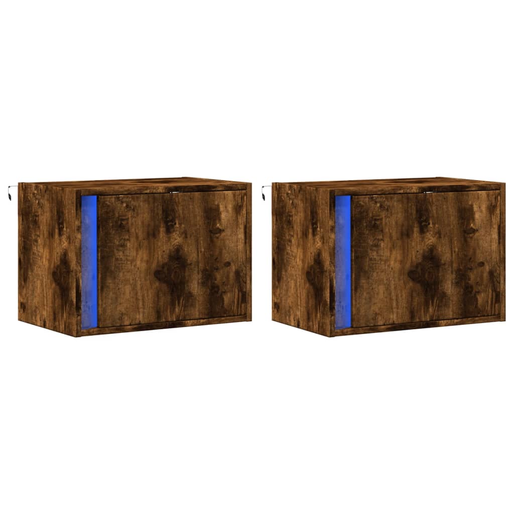 Smoked Oak Wall-Mounted Bedside Cabinets with LED Lights, 2 Pcs