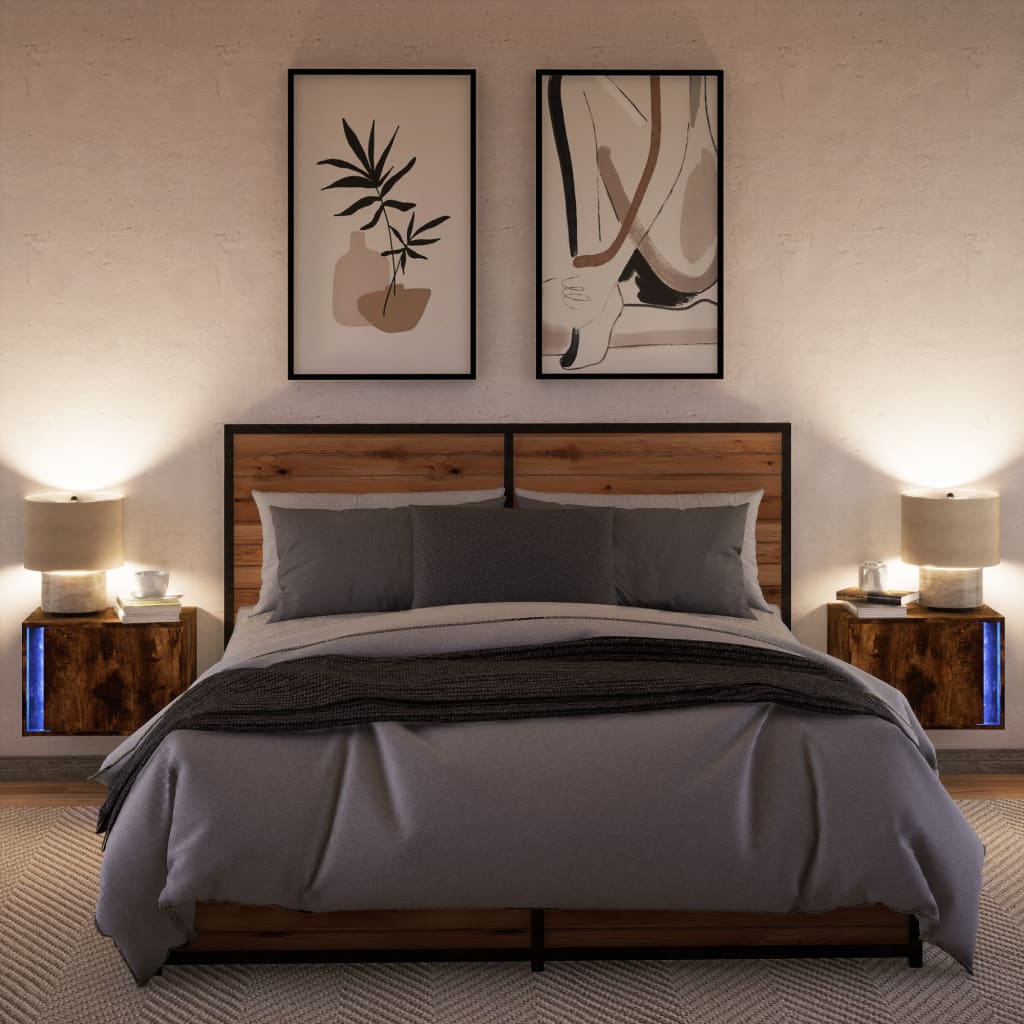 Smoked Oak Wall-Mounted Bedside Cabinets with LED Lights, 2 Pcs