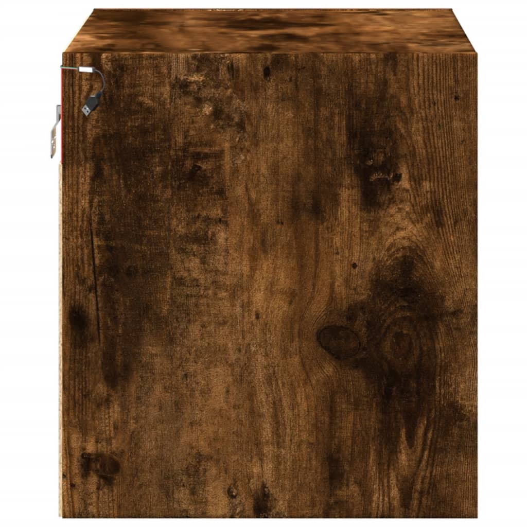 Smoked Oak Wall-Mounted Bedside Cabinets with LED Lights, 2 Pcs