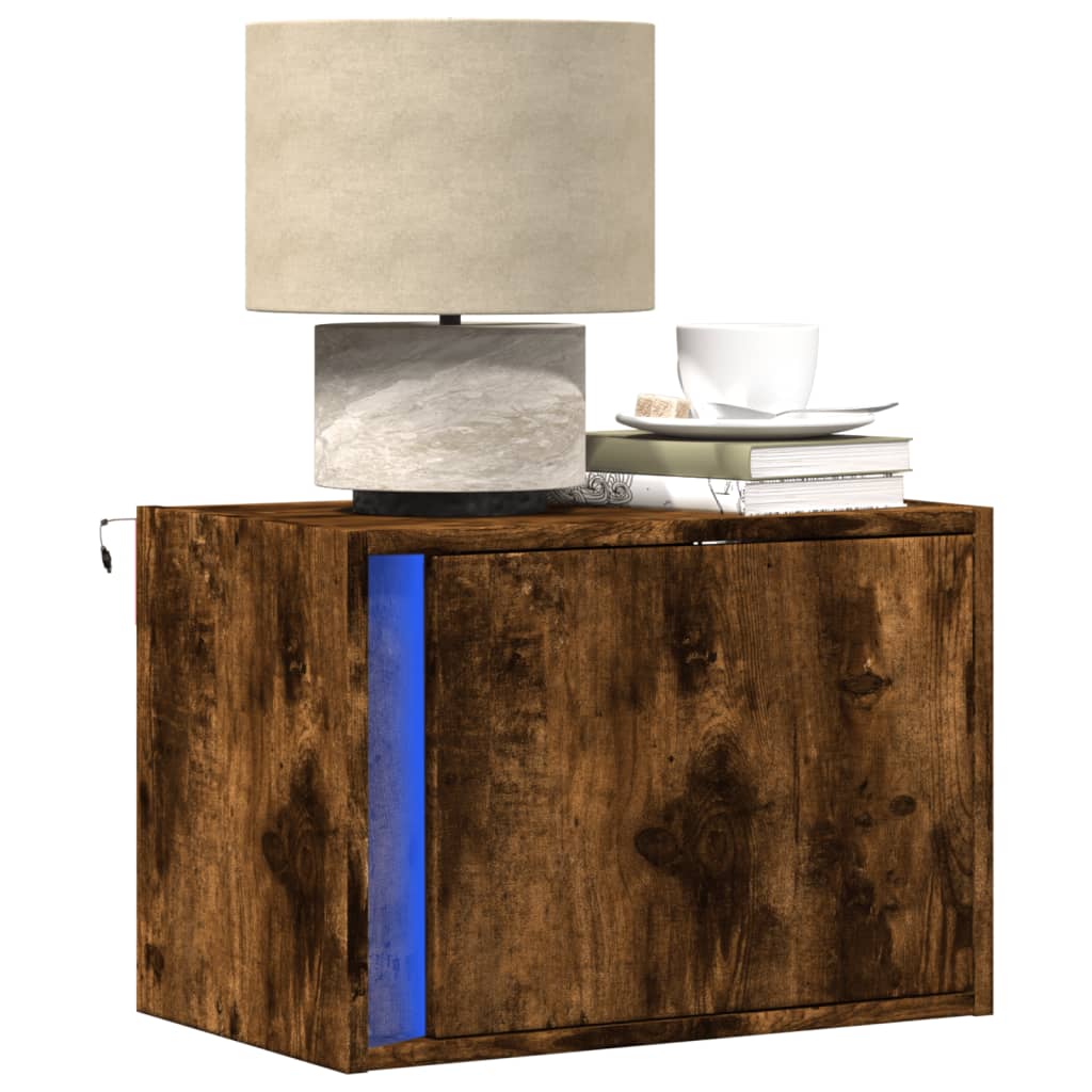 Smoked Oak Wall-Mounted Bedside Cabinets with LED Lights, 2 Pcs