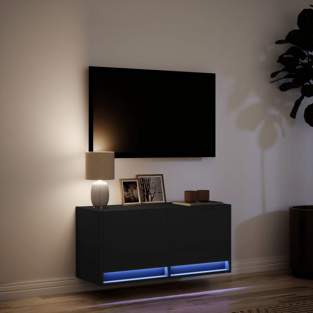 TV Wall Cabinet with LED Lights Black 80x31x35 cm