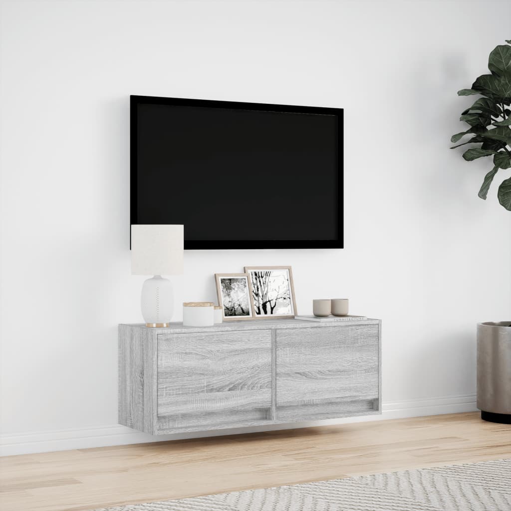 TV Wall Cabinet with LED Lights Grey Sonoma 100x31x35 cm