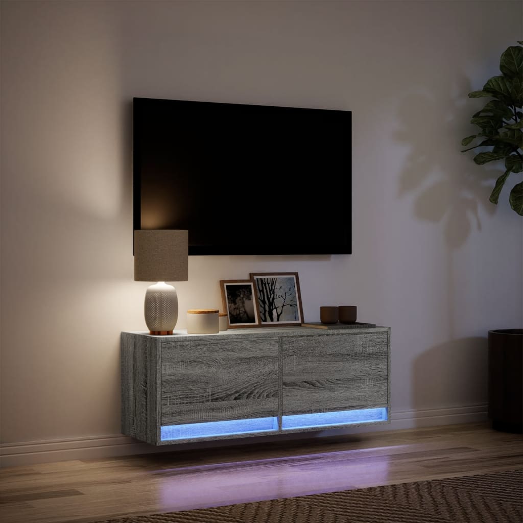 TV Wall Cabinet with LED Lights Grey Sonoma 100x31x35 cm