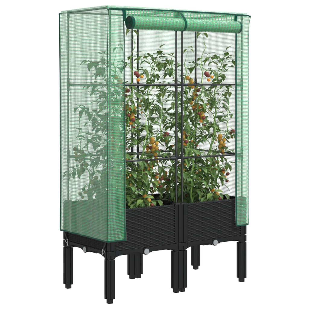 Rattan-Style Raised Garden Bed with Greenhouse Cover - Black