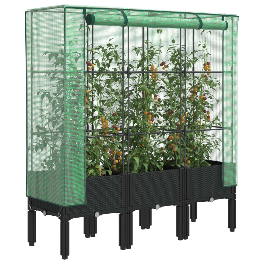 Rattan-Style Raised Garden Bed with Greenhouse Cover - Black
