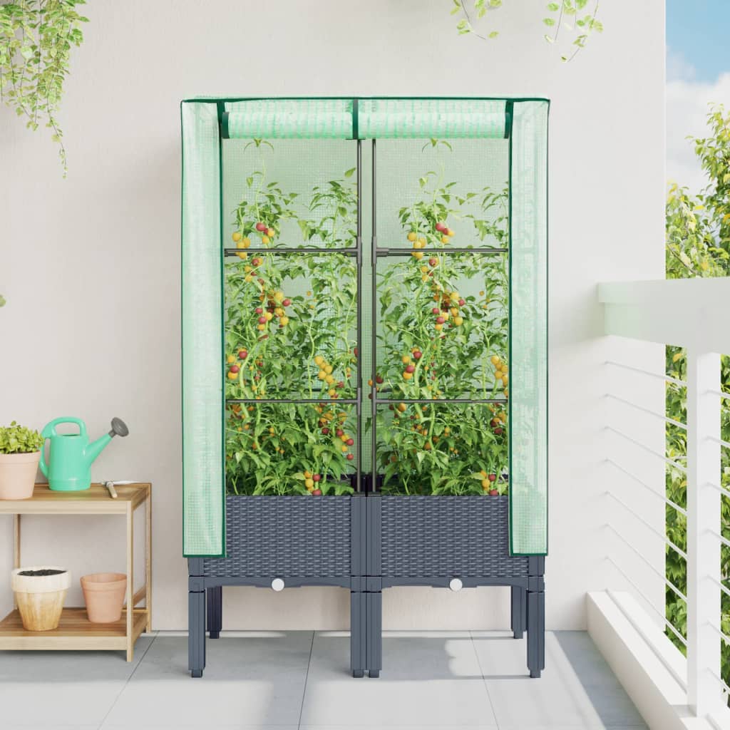 Rattan-Style Raised Garden Bed with Greenhouse Cover - Black