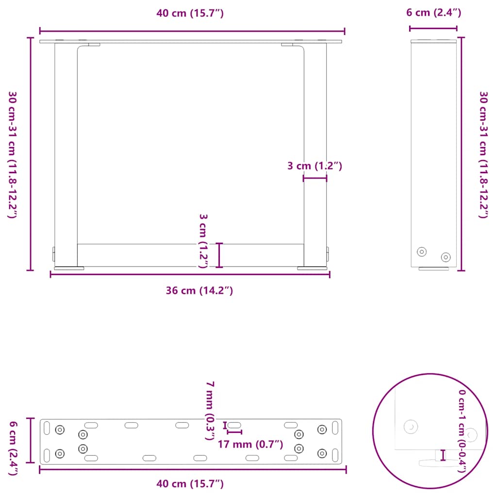 Natural Steel U-Shaped Coffee Table Legs, 2 Pcs, Adjustable 40x30 cm