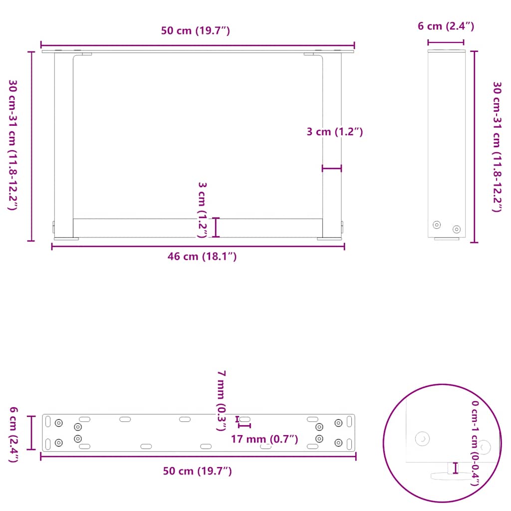 Natural Steel U-Shaped Coffee Table Legs 2 Pcs, 50x(30-31) cm