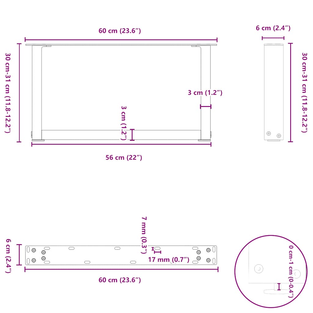 Black Steel U-Shaped Coffee Table Legs, 2 Pcs, 60x30-31cm