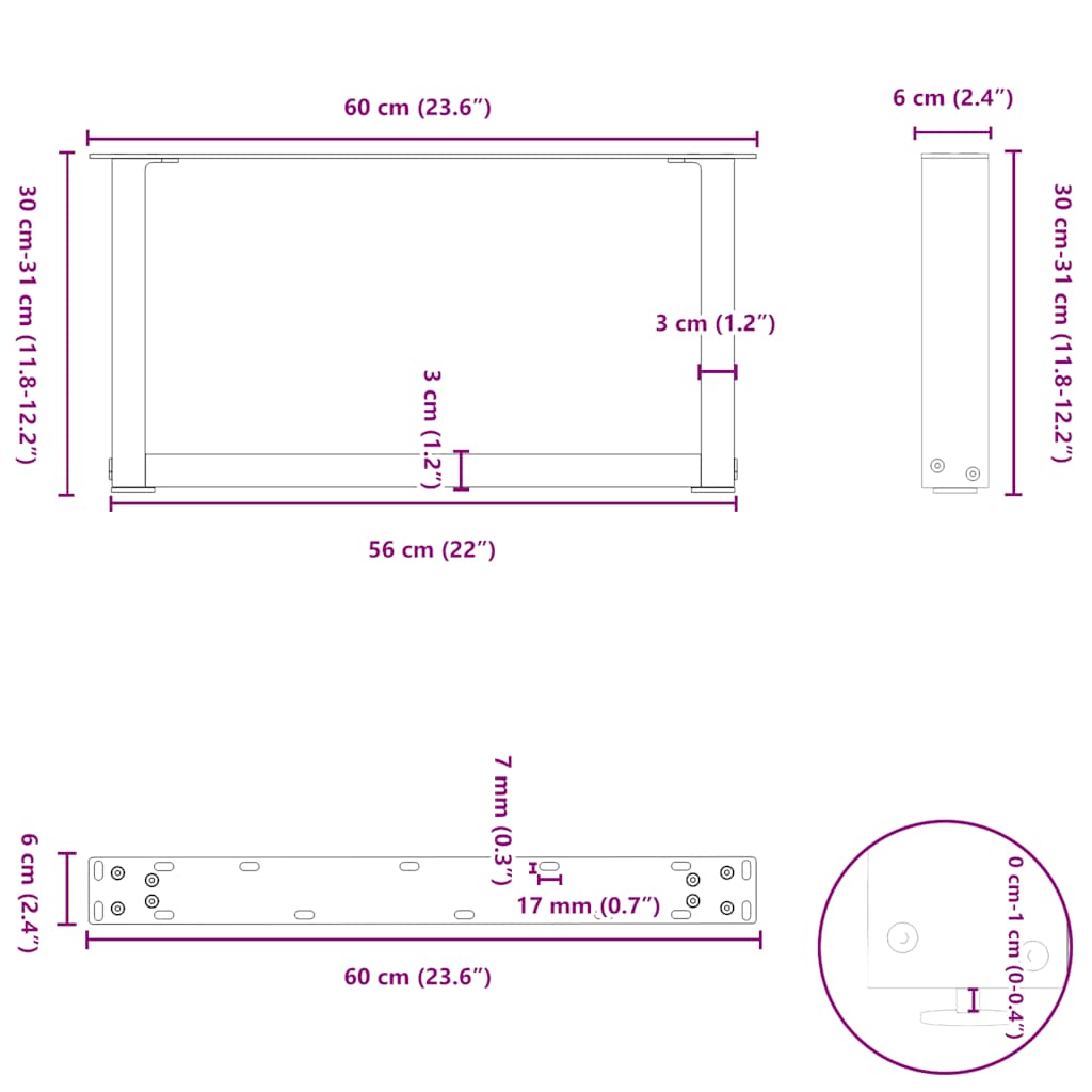 Anthracite U-Shaped Steel Coffee Table Legs 60x30-31cm, 2 Pcs