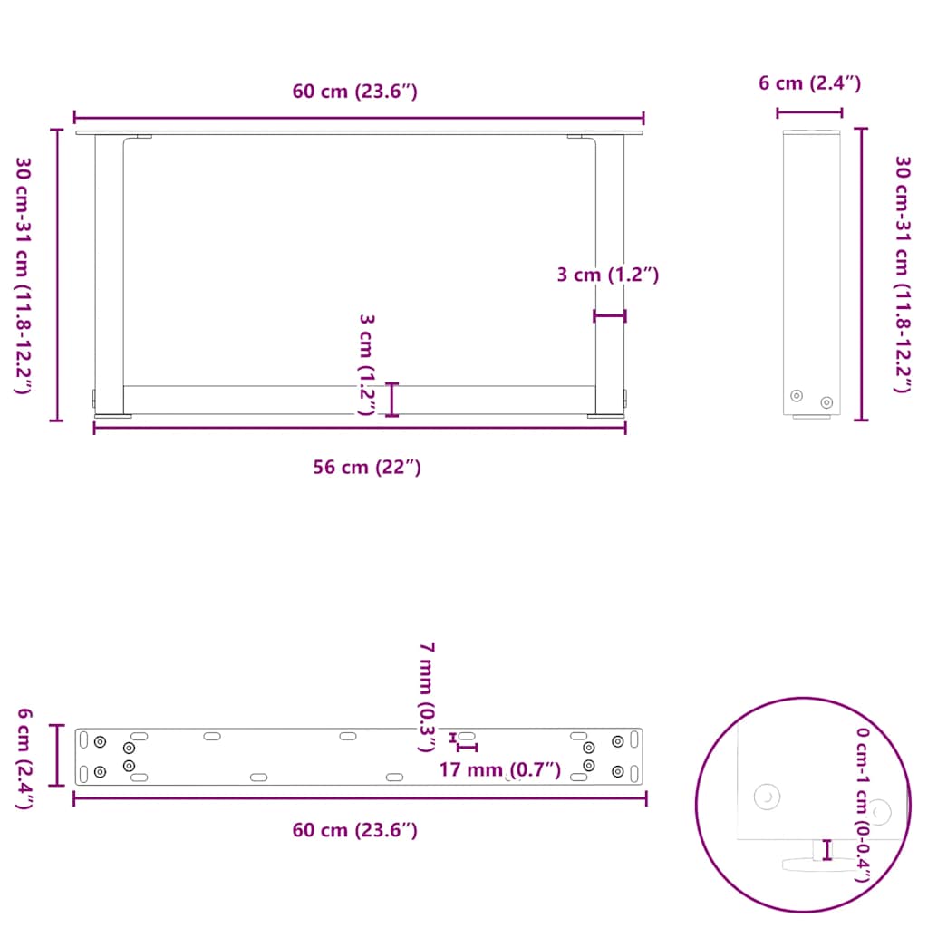 U-Shaped Natural Steel Coffee Table Legs, 2 Pcs, 60x(30-31) cm