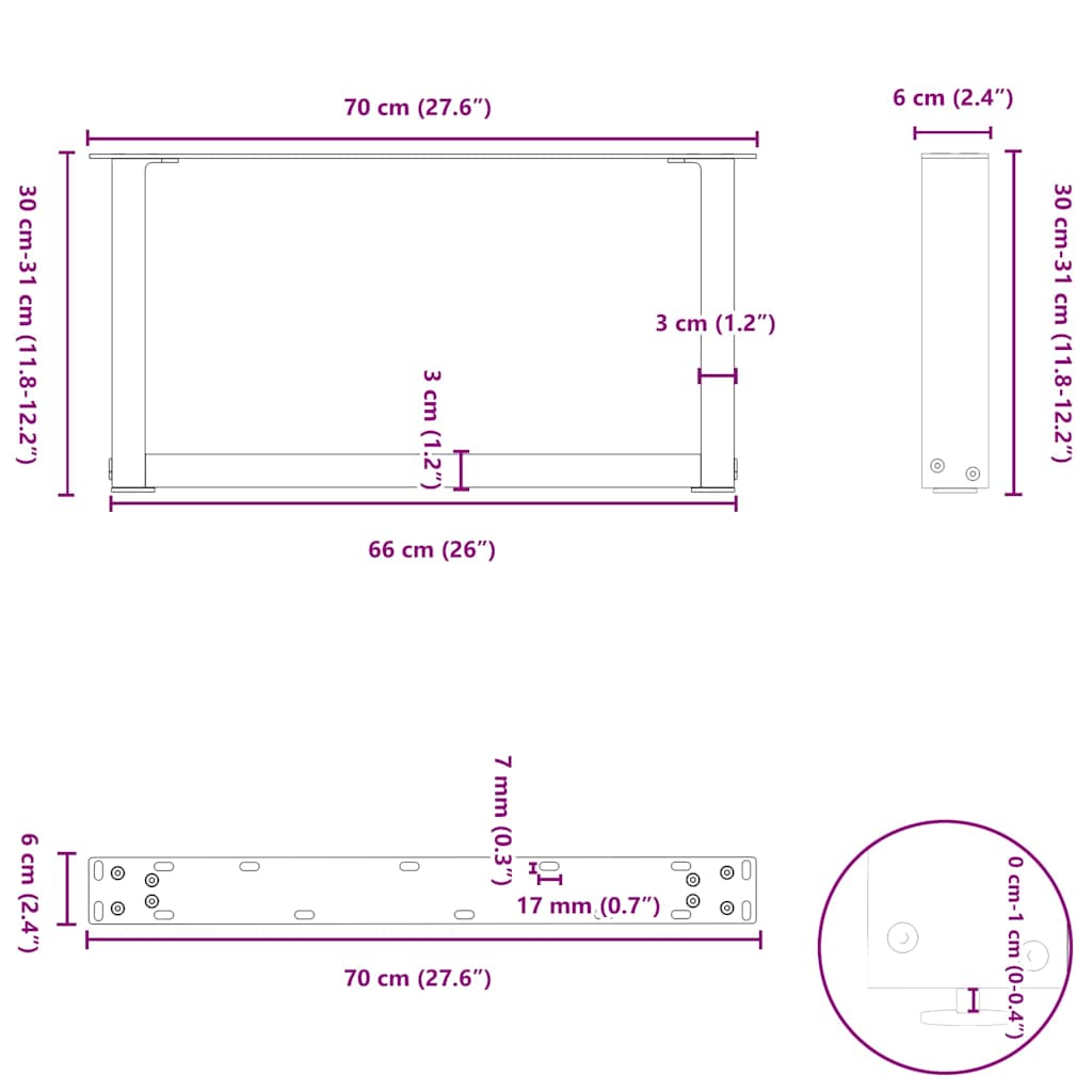 White Steel U-Shaped Coffee Table Legs, 2 pcs, 70x30-31 cm