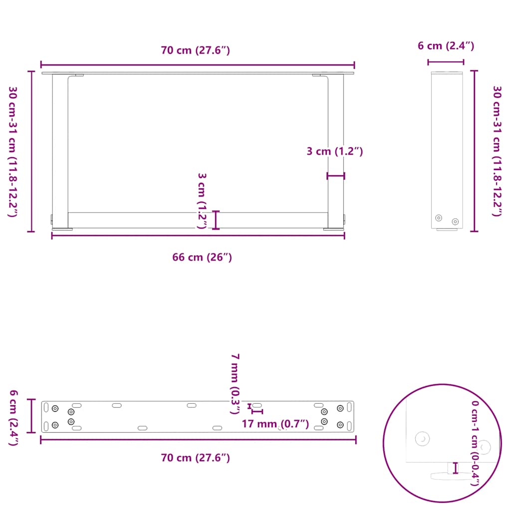 Natural Steel U-Shaped Coffee Table Legs, 2 pcs - 70x(30-31) cm